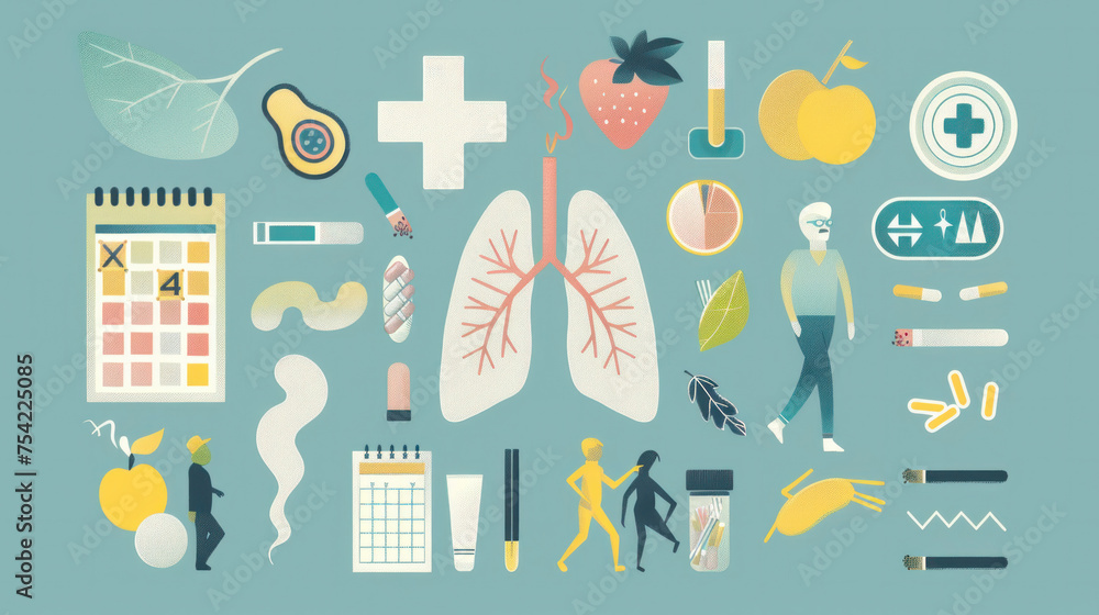 Concept of quitting smoking and healthy lifestyle. World No Tobacco Day. No smoking. Flat illustration with icons and symbols of calendar, cigarettes, lungs Concept of quitting smoking and healthy lifestyle. World No Tobacco Day. No smoking. Flat illustration with icons and symbols of calendar, cigarettes, lungs