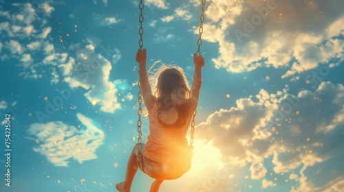 Young adult on a swing set, reaching for the sky, capturing the essence of recaptured youth and the joyous freedom it embodies photo