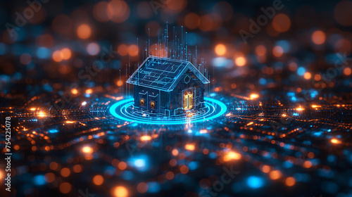 The house in a digital neon circle. digital technology and construction technology concept. future technology growing concepts. construction marketing concept.