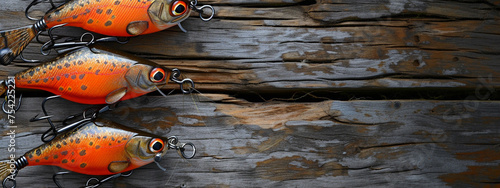 fishing fish shiny wobblers on a wooden background, with space for text photo