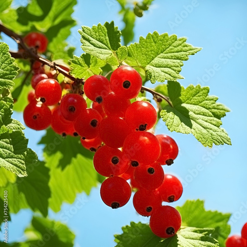 red currant on a branch against a blue sky background.