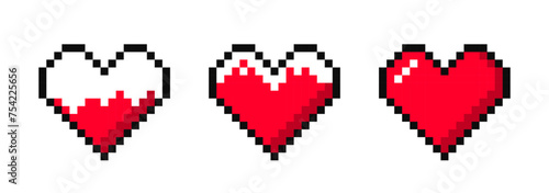Set of pixel hearts for an 8-bit game. Health points bar in a video game. Red pixel hearts for animation, gaming and health bar. Vector