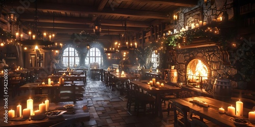 Medieval tavern with candlelit tables and cozy fireplace animated scene concept. Concept Medieval Tavern, Candlelit Tables, Cozy Fireplace, Animated Scene Concept