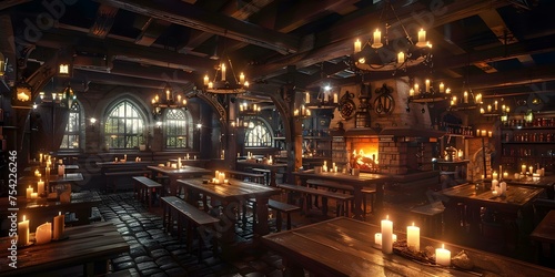 Illuminated scene of a medieval tavern with candlelit tables and a cozy fireplace concept. Concept Medieval Tavern, Candlelit Ambiance, Cozy Fireplace, Historical Setting photo
