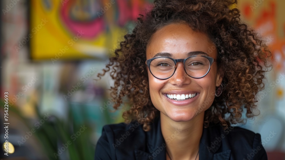 Close-up portrait of charming young African American woman in bright cozy room. Confident, enthusiastic girl with glasses laughs while looking at camera. Close-up portrait of charming young African American woman in bright cozy room. Confident, enthusiastic girl with glasses laughs while looking at camera.
