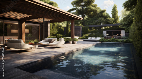 Backyard design with modern pool .