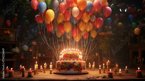 Balloons candles and cake in joyful birthday festiv photo