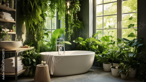 Bathroom interior decorated with green plants. Modern