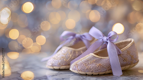 Glittering baby shoes with purple ribbons on a golden light background