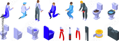 Plumber worker repair toilet icons set isometric vector. Escape fixing. Service sewage