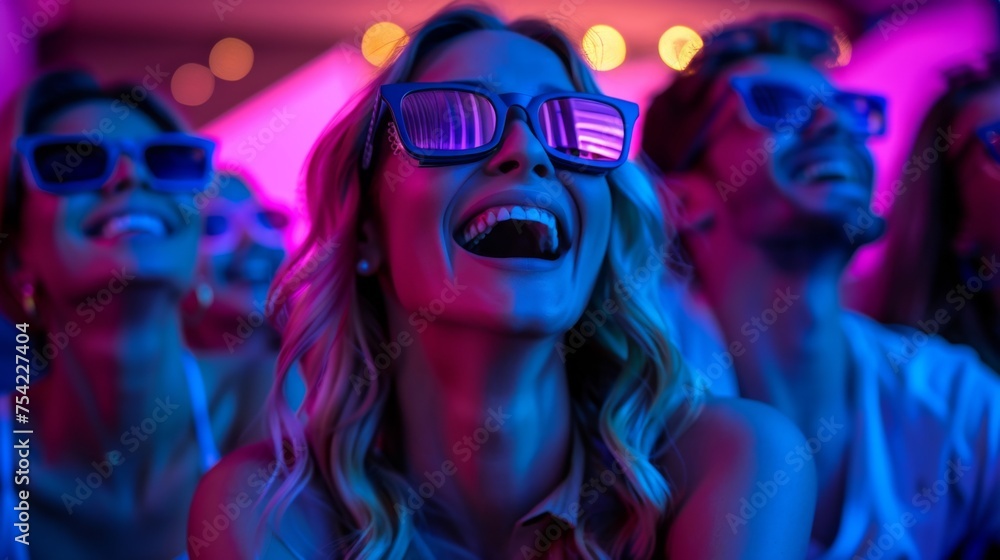 cheerful woman wearing 3D glasses sitting in the cinema and laughing a lot. Happiness emotion. cheerful woman wearing 3D glasses sitting in the cinema and laughing a lot. Happiness emotion.