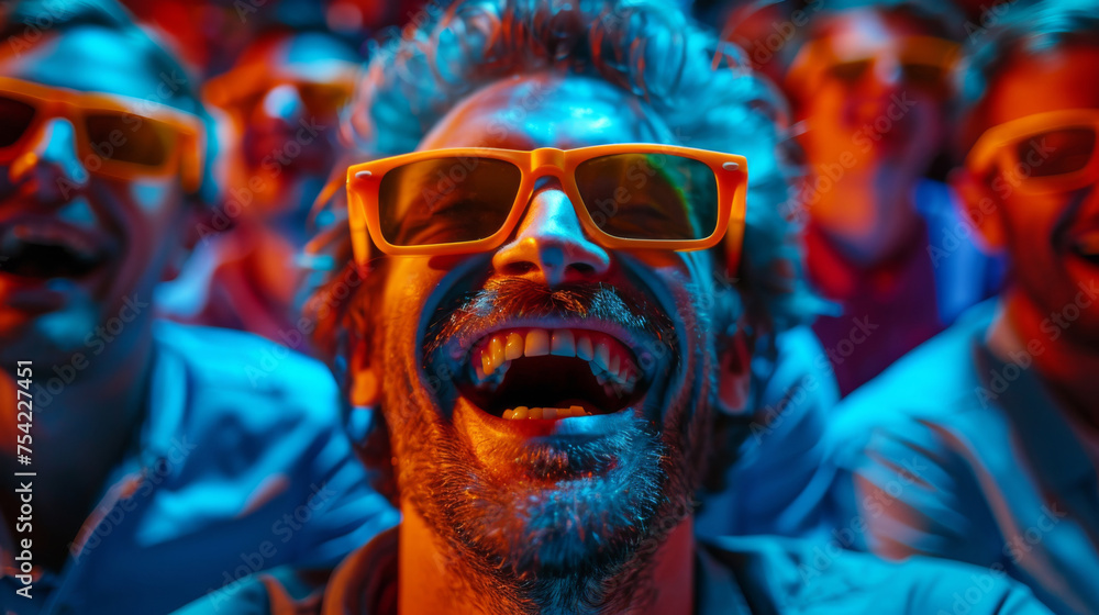 Cheerful man watching a 3D movie, illuminated by vibrant red and blue lights that reflect the immersive technology, enhancing the shared cinematic adventure. Cheerful man watching a 3D movie, illuminated by vibrant red and blue lights that reflect the immersive technology, enhancing the shared cinematic adventure.