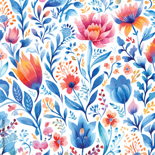 Watercolor seamless pattern with flowers in ethnic 