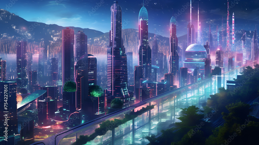 Night neon city of the future. Neural network AI generated art Night neon city of the future. Neural network AI generated art