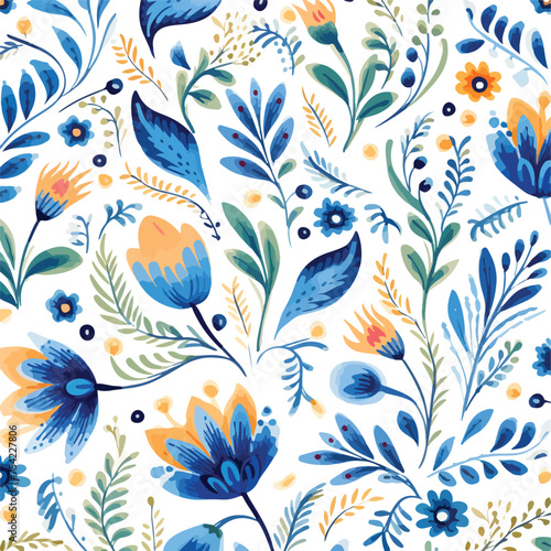 Watercolor seamless pattern with folky flowers 