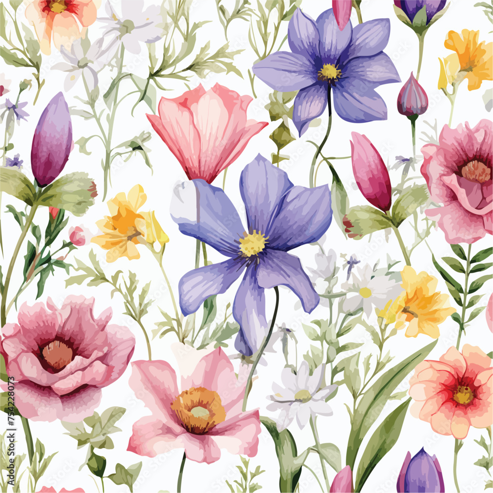 Watercolor seamless pattern with garden flowers. 