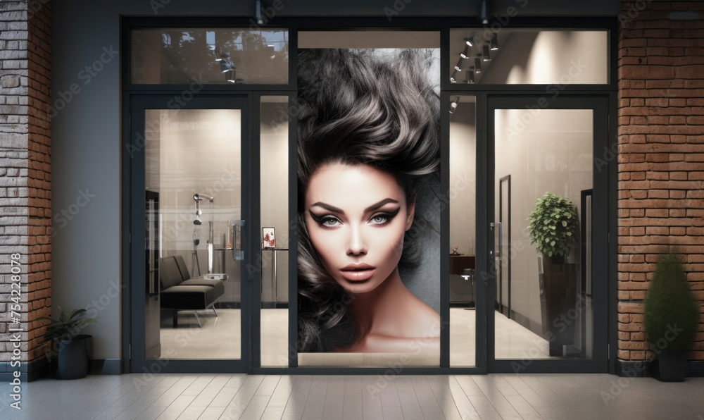 An attractive facade of a beauty salon with a large poster in the window depicting a model with dramatic makeup. An attractive facade of a beauty salon with a large poster in the window depicting a model with dramatic makeup.