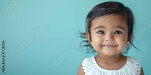 Small cute smiling indian girl over teal background. Banner with copy space. Shallow depth of field.