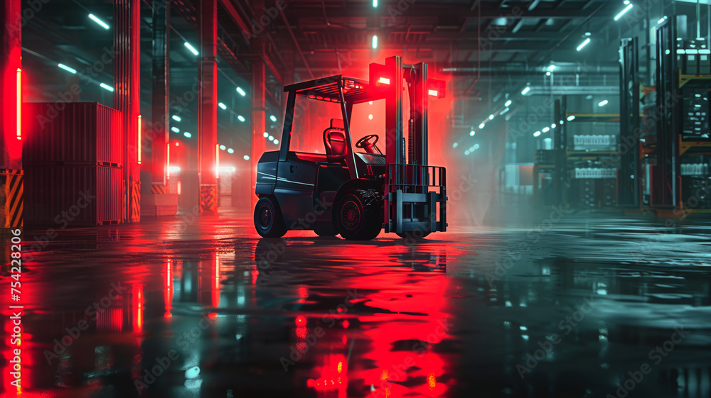 Futuristic Warehouse with Autonomous Forklift in Neon Light Ambiance - obrazy, fototapety, plakaty 
