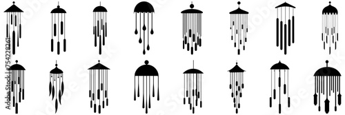 Windchime bell silhouettes set, large pack of vector silhouette design, isolated white background