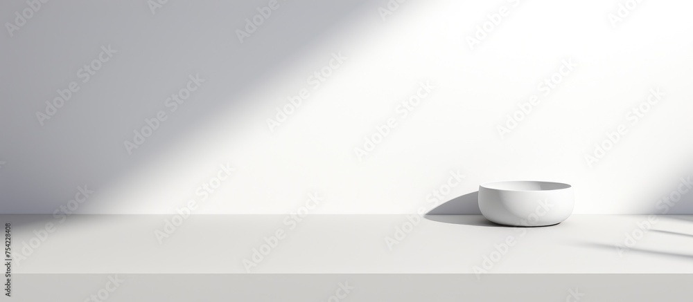 A white table is shown with a white bowl placed on top of it. The table and bowl create a clean and minimalistic aesthetic, perfect for product display or mock-up purposes. A white table is shown with a white bowl placed on top of it. The table and bowl create a clean and minimalistic aesthetic, perfect for product display or mock-up purposes.