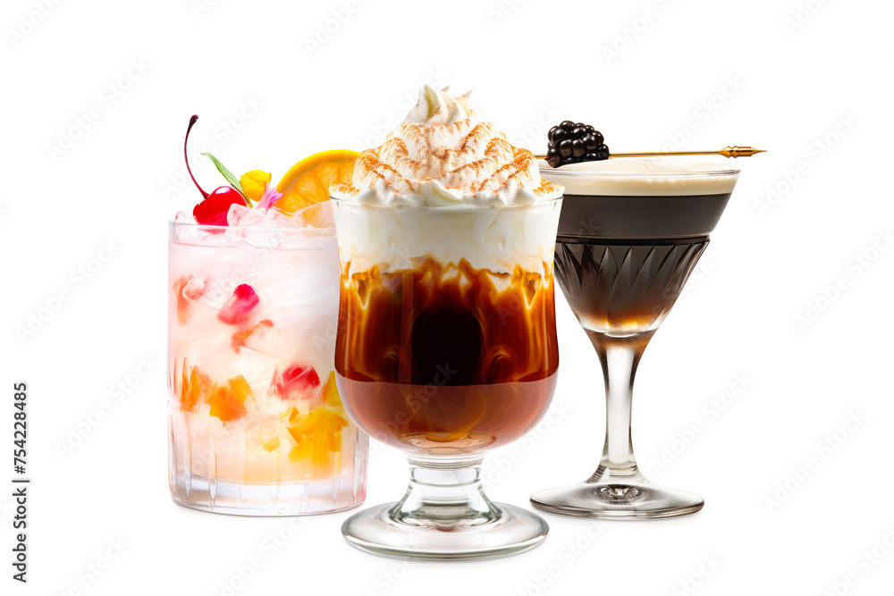 Set and collection of classic alcohol cocktails or mocktail isolated on white background with fresh summer fruits