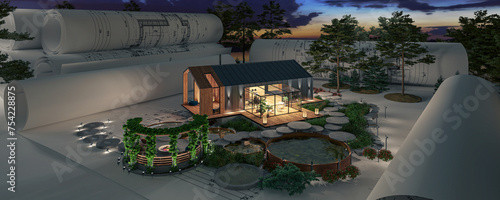 Projekt eines energieeffizienten Einfamilienhauses in moderner Scheunenarchitektur mit Garten und Terrasse bei Nachtbeleuchtug (Blue Hour Sky im Hintergrund) - panoramische 3D Visualisierung