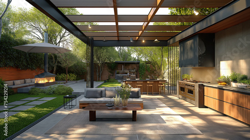 An open kitchen in the backyard with a pergola, wood-burning stove and fireplace, decorated in a modern and elegant style photo