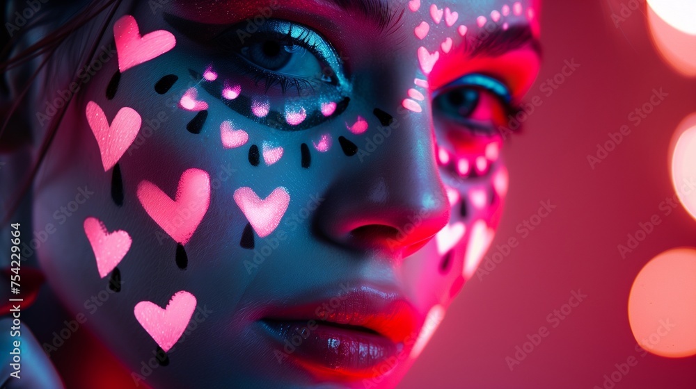 Create a captivating image of a woman with makeup artfully shaped into hearts.