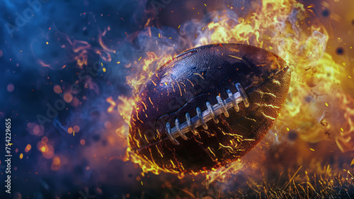 Flaming football in dramatic fire symbolizing intense sports action and energy © rorozoa