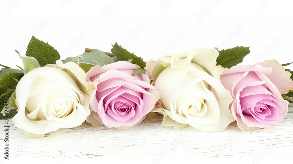 Four roses are arranged in a row on a white background Four roses are arranged in a row on a white background