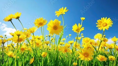 A field of yellow flowers with a blue sky in the background