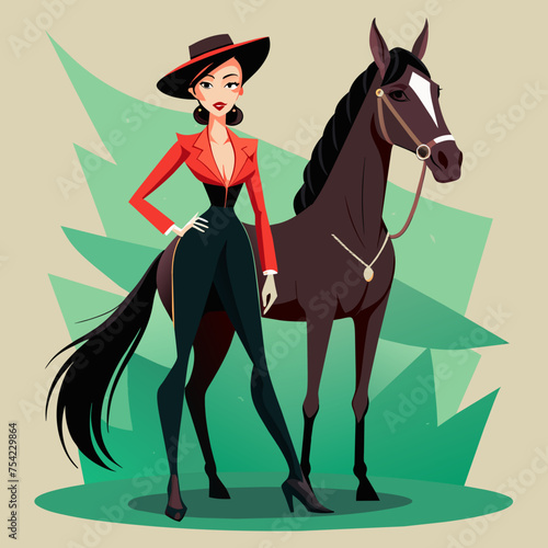 Horsepower Couture Unleash Your Inner Glam - Illustrate a glamorous girl adorned in fashionable attire, alongside her sleek and stylish horse, showcasing the perfect blend of sophistication and edge
