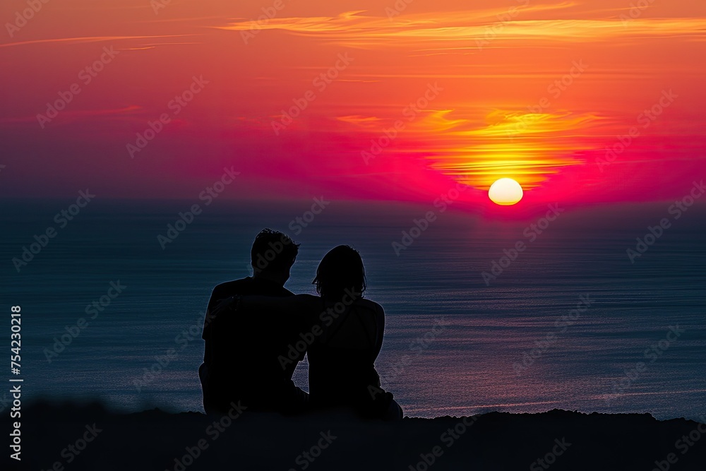 A couple is sitting on a hill overlooking the ocean, watching the sun set