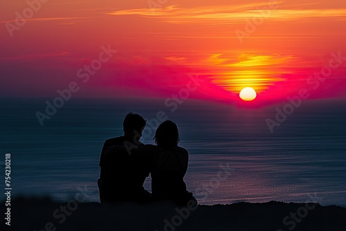 A couple is sitting on a hill overlooking the ocean, watching the sun set