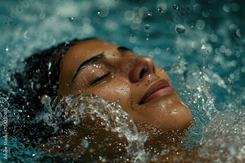 A woman is swimming in a pool and the water is splashing around her face