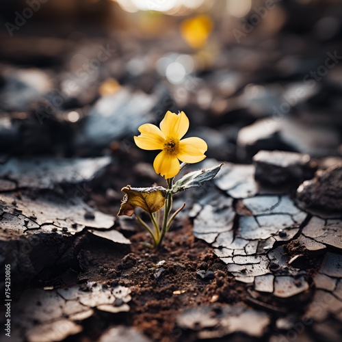 radiant yellow flower growing amidst the cracked, muddy ground