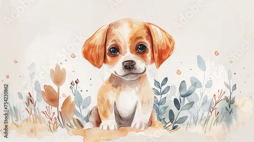 illustration of cute baby puppy or dog on neutral background, portrait, posters, banners, cards 