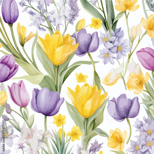 Watercolor seamless pattern with spring flowers tulips