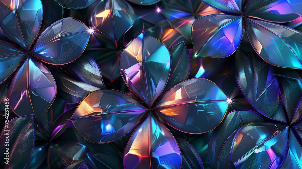 Obraz premium An intricate array of geometric flowers exudes vibrant holographic colors, creating a mesmerizing pattern that combines the beauty of flora with the allure of digital art.