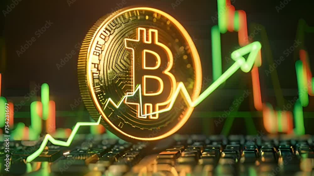 Bitcoin and cryptocurrency investing concept. Bitcoin cryptocurrency gold coin. Trading on the cryptocurrency exchange. Trends in bitcoin exchange rates. Rise and fall charts of bitcoin.green arrow 4k