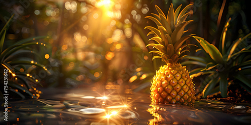 Freshness and sweetness in nature tropical fruit a vibrant pineapple, A pineapple floats in a pool with water droplets on it.   © Rabia