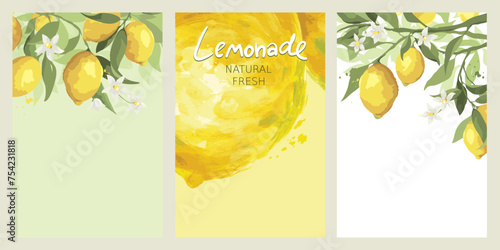 Set of labels with lemon branches. Floral design elements for label of drinks. Vector illustration.	