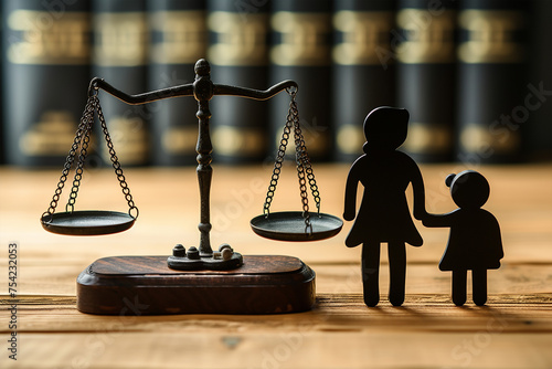 Family law. Figure of parents with children, scales and gavel on wooden table (1).png photo