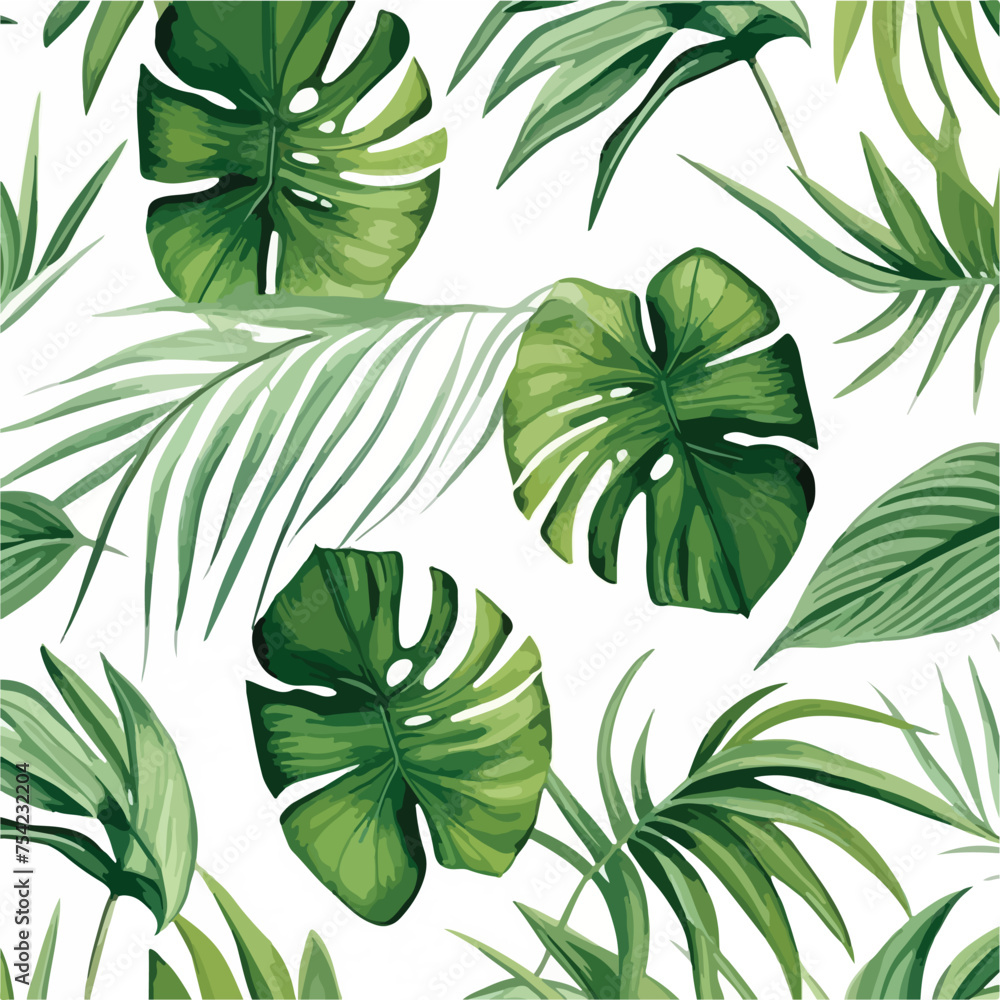 Watercolor seamless pattern with tropical leaves. 