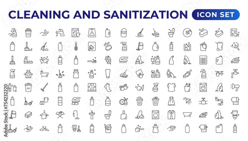 Cleaning line icons. Laundry, Window sponge, and Vacuum cleaner icons. Washing machine, Housekeeping service, and Maid cleaner equipment. Window cleaning, Wipe off, laundry washing machine.