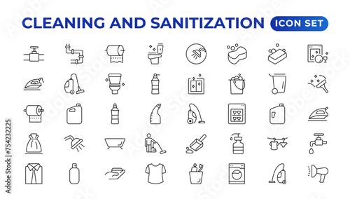 Cleaning line icons. Laundry, Window sponge, and Vacuum cleaner icons. Washing machine, Housekeeping service, and Maid cleaner equipment. Window cleaning, Wipe off, laundry washing machine.