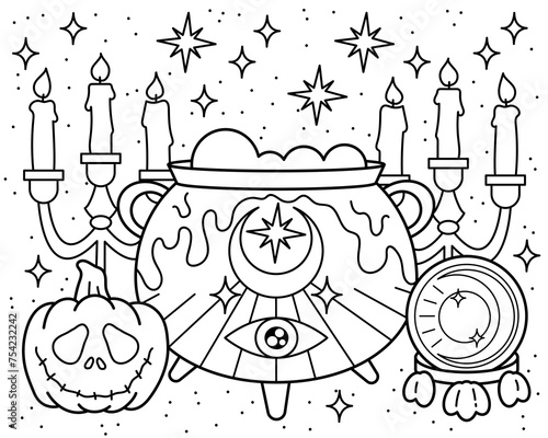 Halloween witch's cauldron, candles, pumpkin, glass ball for fortune-telling, stars. Halloween set. Coloring book for children. Coloring book for adults. Halloween.
