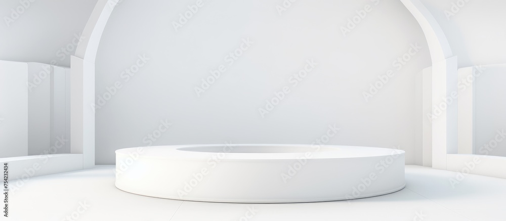 A white round table is placed in a white room with a geometric cylinder shape background, creating a minimalist setting for display or showcase purposes. A white round table is placed in a white room with a geometric cylinder shape background, creating a minimalist setting for display or showcase purposes.