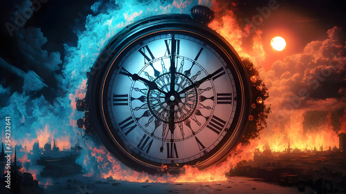 Clock on fire, time's burning end in fiery clock image. Generative AI.